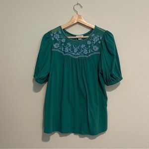 Sundance Teal Blouse with Floral Embroidery